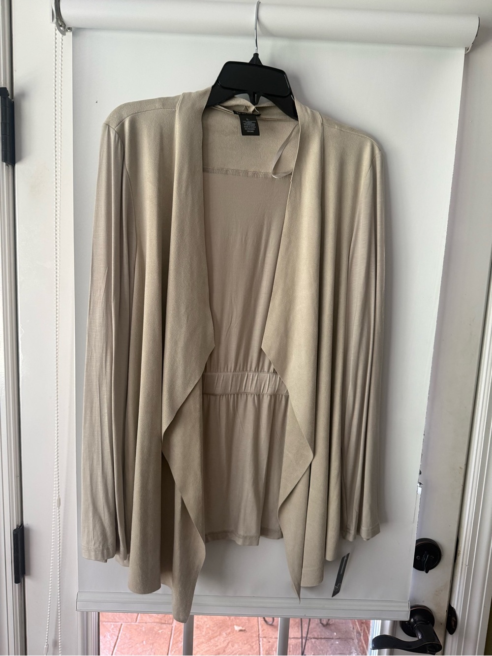 new directions light taupe draped open-front cardigan